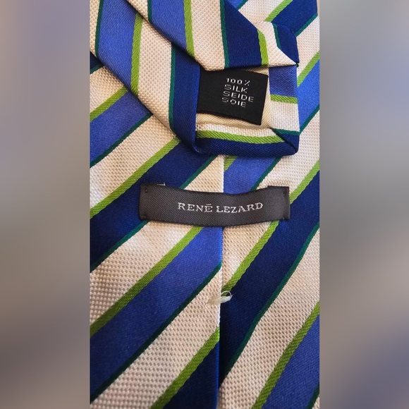 RENÉ LEZARD Silk Tie Stripes Blue Green and Cream Striped Tie - Picture 3 of 3